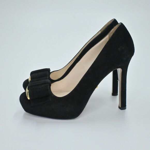PRADA Heels Womens Size 36 Calzature Black Suede Gold Hardware Bow Milan Square - Picture 5 of 13